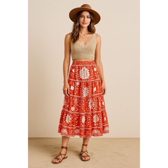Haute Hippie Red Orange & White Floral Tired Linen Blend Midi Skirt Size Small - Picture 1 of 10